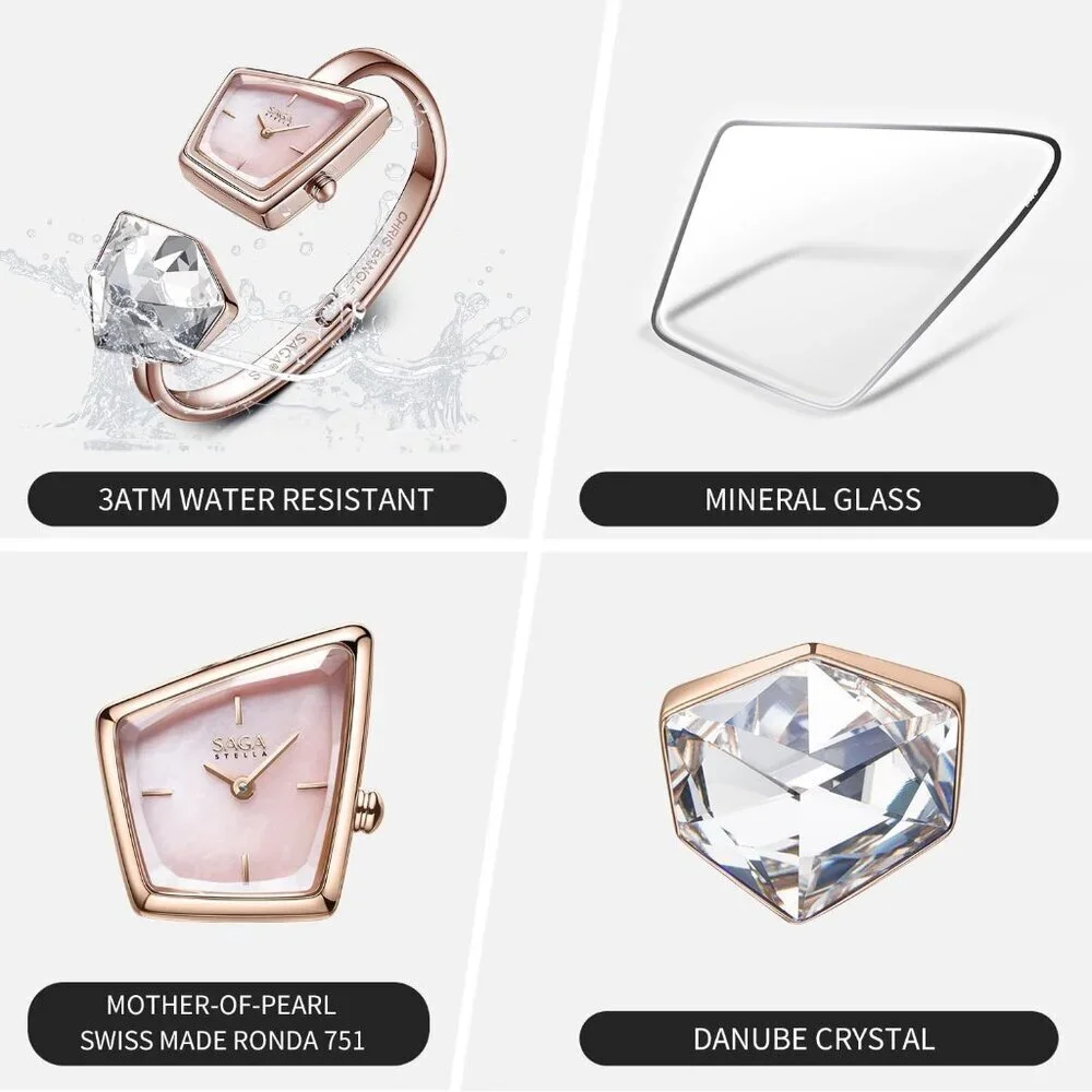 Women's Rose Gold Cuff Bangle Quartz Watch Shaped Mineral Case Stainless Steel